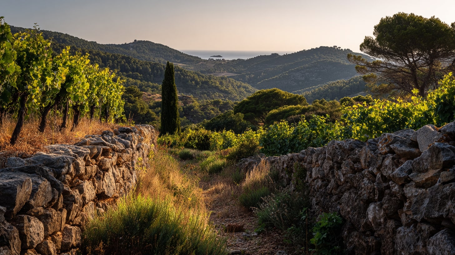 Vignoble du Val d’Arenc à Bandol entre oliviers, pinèdes et mer Méditerranée