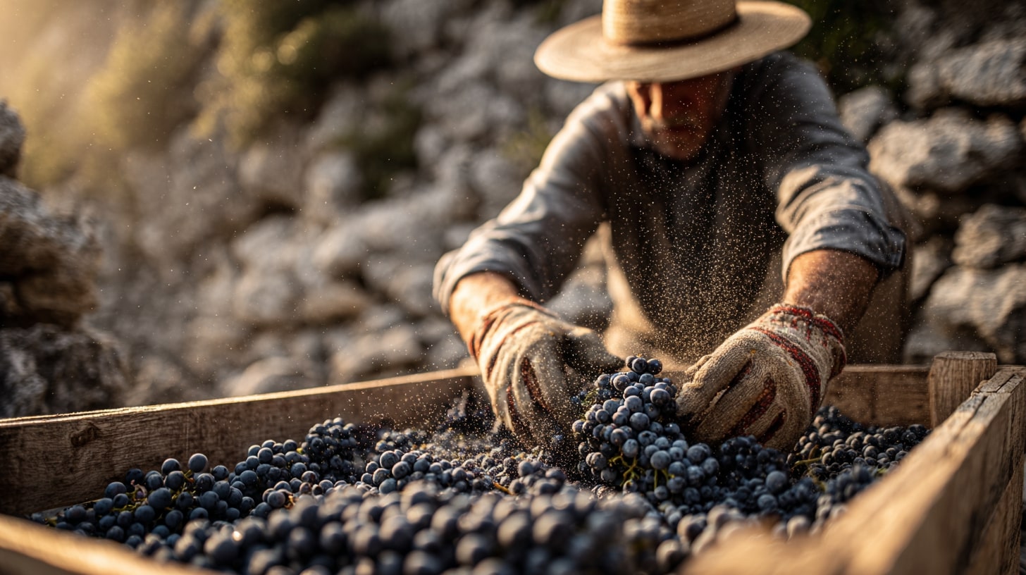 Travail manuel de la vigne à Bandol avec taille douce et récolte à maturité